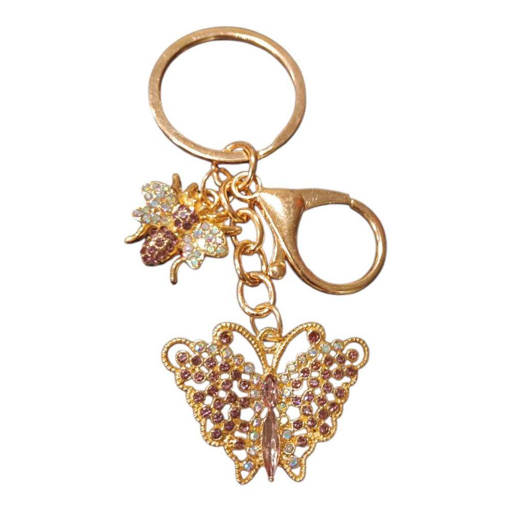 Amethyst Color Rhinestone Butterfly Bumblebee Gold Tone Keychain Purse Charm